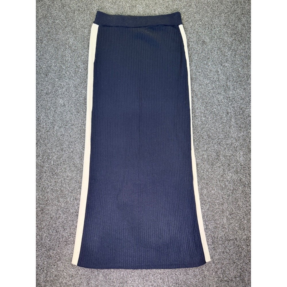 Zara Knit Navy Blue Ribbed Maxi Skirt with White Side Stripe Slit Size Small - Picture 2 of 8